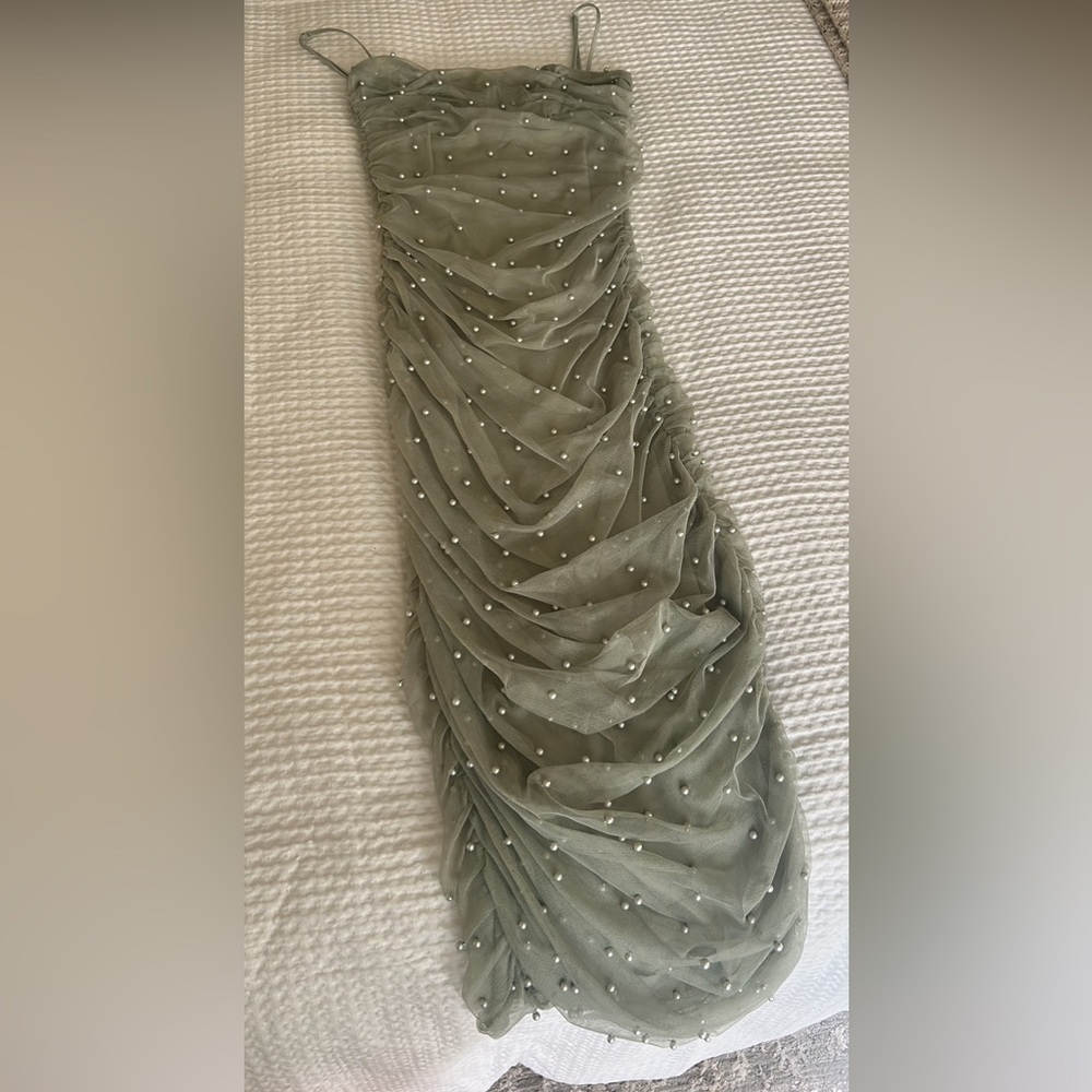 ASOS Olive Green Midi Dress with Pearl Detailing